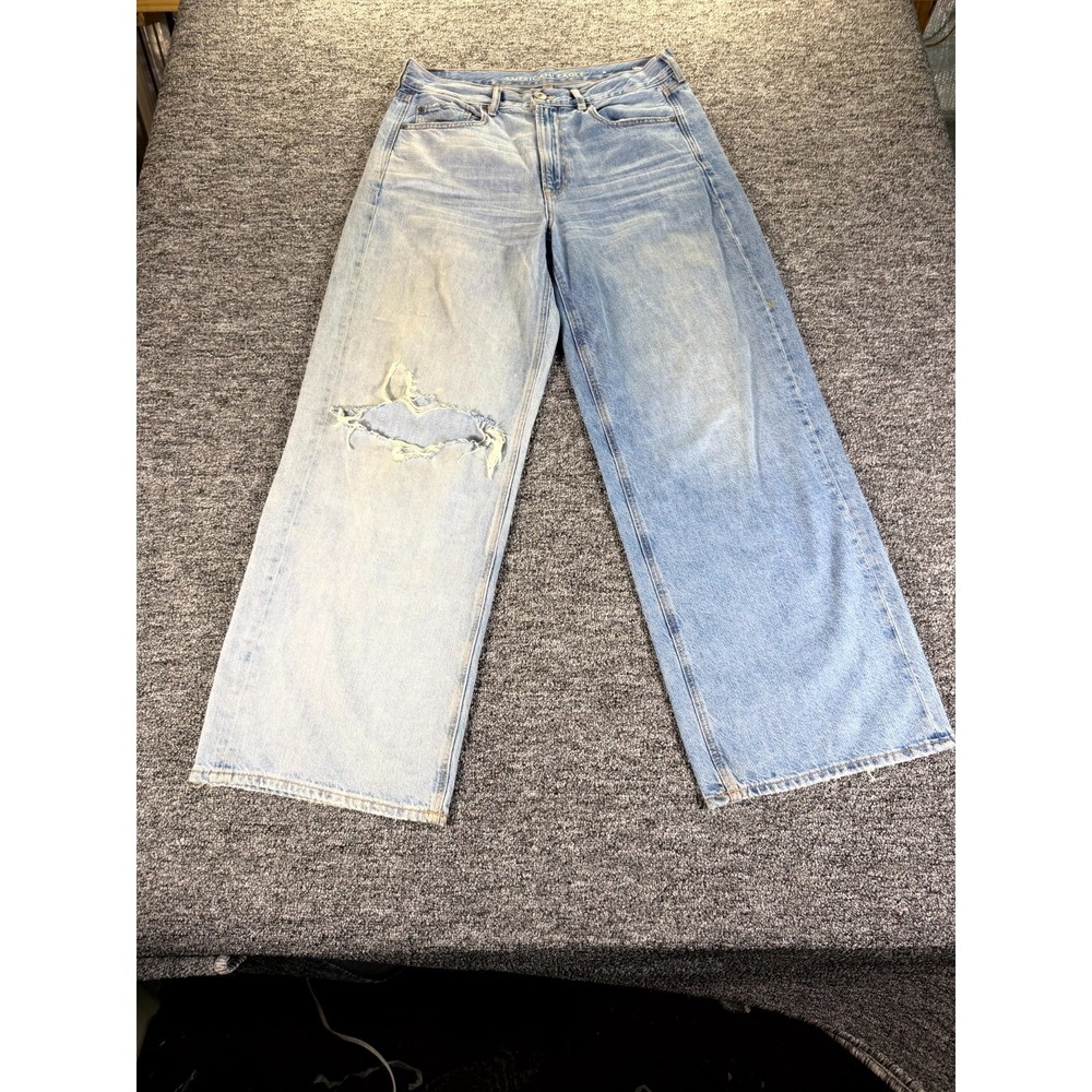 American Eagle Outfitters Jeans Womens 12 Blue Denim Cotton Ripped Knee Wide Leg